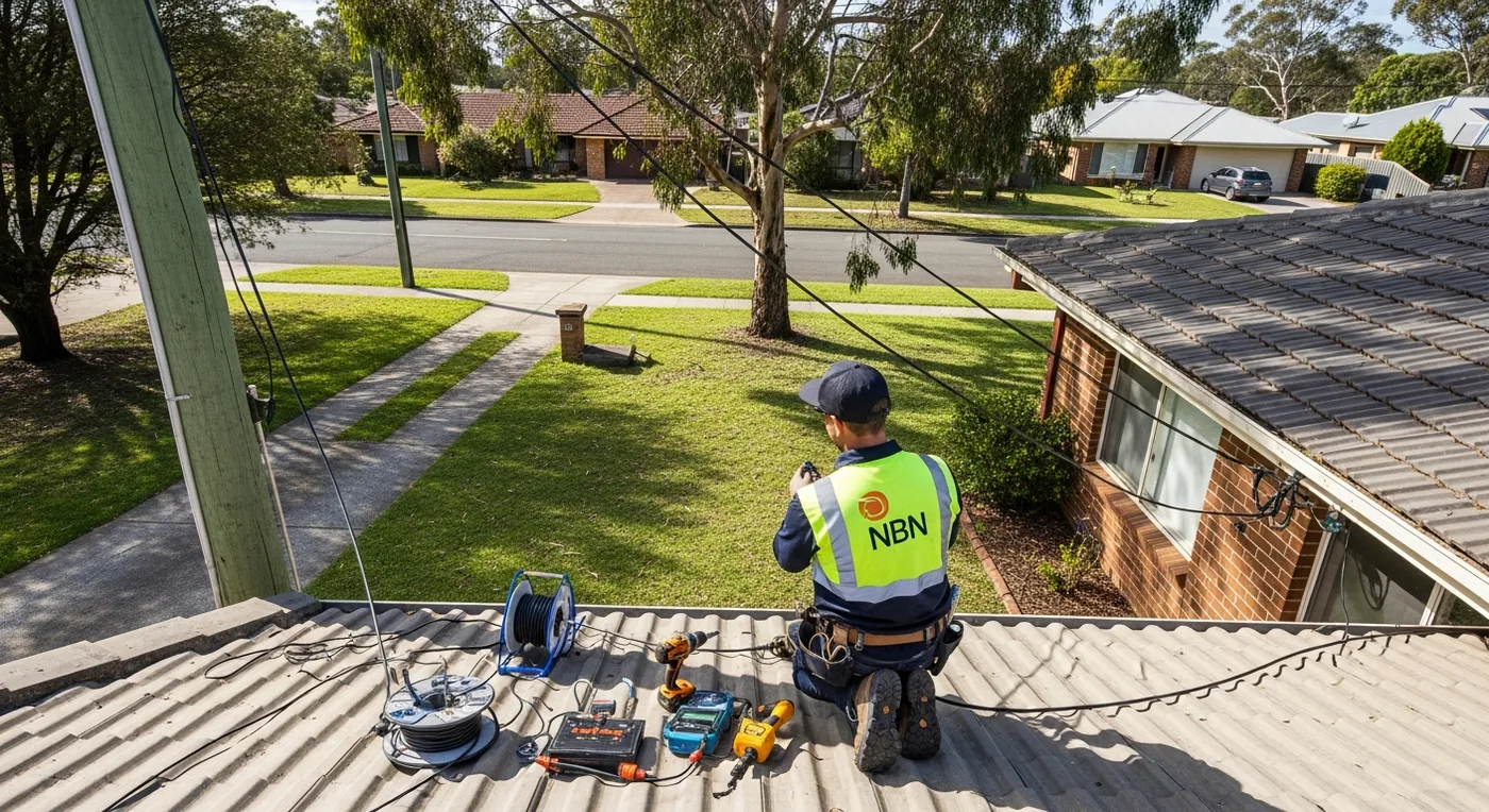 Technician installing NBN connection at home